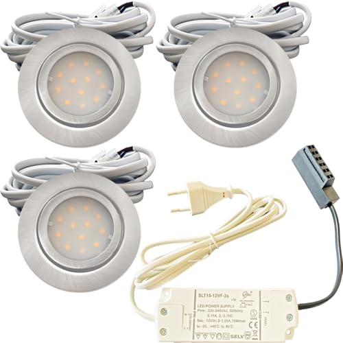 3er Set IP44 LED Möbeleinbauleuchte 12V flach 2,4W Möbelspot New Lina 200lm Edelstahl geb. inkl. LED Trafo, 230V Zuleitung mit Stecker und AMP Verteiler 3000K Warmweiß Lochausschnitt: 55 bis 60mm von Lichtfaktor24