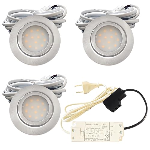 3x IP44 LED Einbauspots 12V, flach, 2,4W, 200lm, Edelstahl gebürstet, inkl. LED-Trafo, 230V Zuleitung mit Stecker, AMP Verteiler, Neutralweiß 4000K, Lochdurchmesser 54-60mm, Plug and Play. von Lichtfaktor24