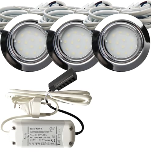 3er Set IP44 LED Möbeleinbauleuchten 12V flach 2,4W Möbelspot New Lina 200lm Chrom glänzend inkl. LED Trafo, 230V Zuleitung mit Netzstecker und AMP Verteiler, Neutralweiss 4k, Bohrloch: 54 bis 60mm von Lichtfaktor24