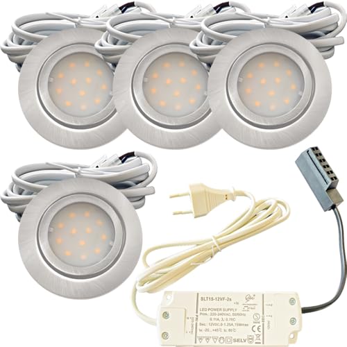 4er Set IP44 LED Möbeleinbauleuchte 12V flach 2,4W Möbelspot New Lina 200lm Edelstahl geb. inkl. LED Trafo, 230V Zuleitung mit Stecker und AMP Verteiler 3000K Warmweiß Lochausschnitt: 55 bis 60mm von Lichtfaktor24