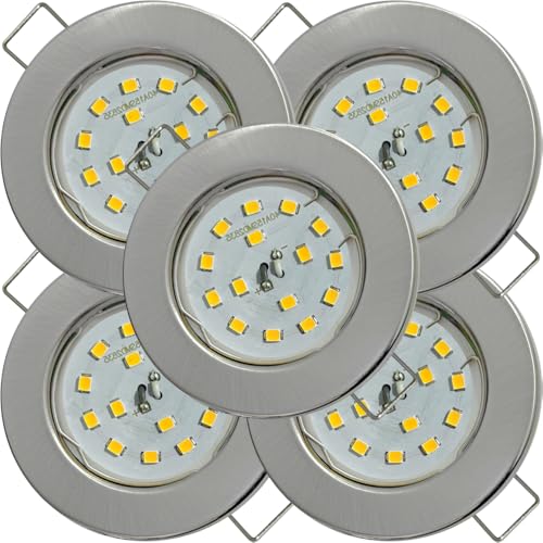 5er Set Flache SMD LED Modul Einbaustrahler | Farbe Edelstahl gebürstet | 5W | 230V | Starr | Klemmring | LED Spots für die Decke mit wenig Einbautiefe | Wohnzimmer | Küche | Schlafzimmer usw. von Lichtfaktor24