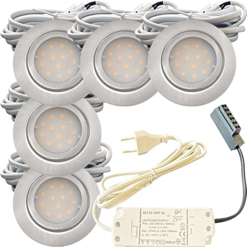 5x IP44 LED Einbauspots 12V, flach, 2,4W, 200lm, Edelstahl gebürstet, inkl. LED-Trafo, 230V Zuleitung mit Stecker, AMP Verteiler, Neutralweiß 4000K, Lochdurchmesser 54-60mm, Plug and Play. von Lichtfaktor24