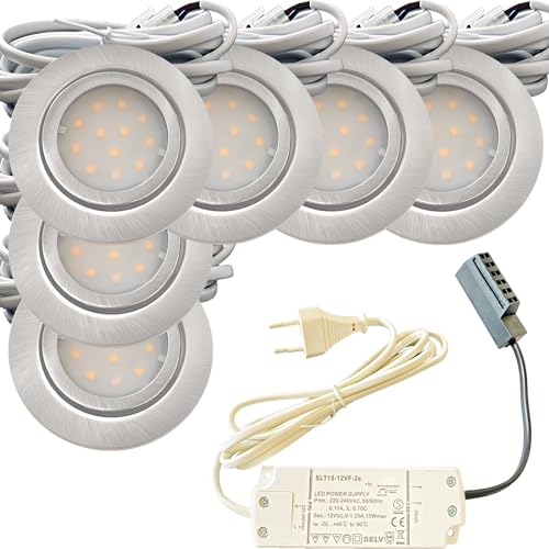 6er Set IP44 LED Möbeleinbauleuchte 12V flach 2,4W Möbelspot New Lina 200lm Edelstahl geb. inkl. LED Trafo, 230V Zuleitung mit Stecker und AMP Verteiler 3000K Warmweiß Lochausschnitt: 55 bis 60mm von Lichtfaktor24
