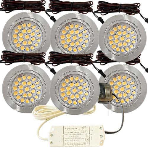 6er Set LED Möbel Einbauleuchten 12V ultra flach 2.4W Einbauleuchten Mira 190lm mit LED Trafo und 230V Zuleitung 3000K Warmweiß Lochausschnitt: 58 bis 60mm Silber Plug and Play Spots Ø=65,5 X 10,7mm von Lichtfaktor24