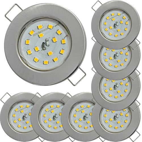 8er Set Flache SMD LED Modul Einbaustrahler | Farbe Edelstahl gebürstet | 5W | 230V | Starr | Klemmring | LED Spots für die Decke mit wenig Einbautiefe | Wohnzimmer | Küche | Schlafzimmer usw. von Lichtfaktor24