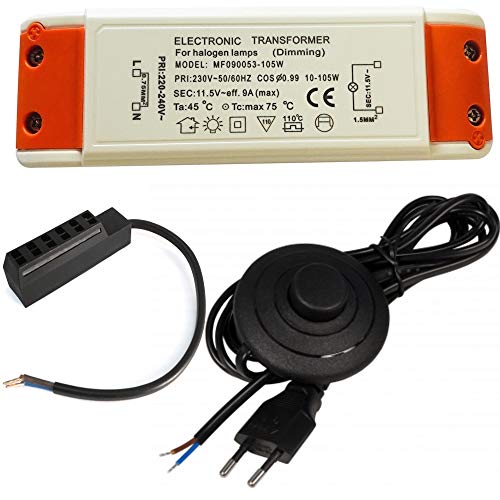 Elektronischer Halogen Transformator Trafo 105Watt inkl. AMP Verteiler und 230V Zuleitung Leistungsbereich: 10 bis 105Watt mit Fußschalter von Lichtfaktor24