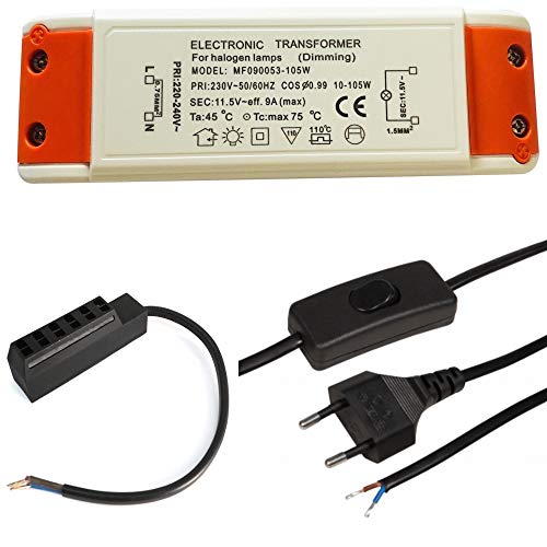 Elektronischer Halogen Transformator Trafo 105Watt inkl. AMP Verteiler und 230V Zuleitung Leistungsbereich: 10 bis 105Watt mit Schnurschalter von Lichtfaktor24