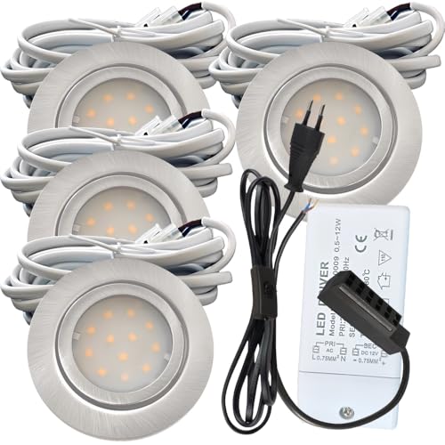 IP44 LED Möbeleinbauleuchte 12V flach 4 x 2,4W Möbelstrahler New Lina 200lm Edelstahl geb. inkl. LED Trafo, AMP Verteiler, 230V Zuleitung mit Schnurschalter 4k Neutralweiß Lochausschnitt: 55 bis 60mm von Lichtfaktor24
