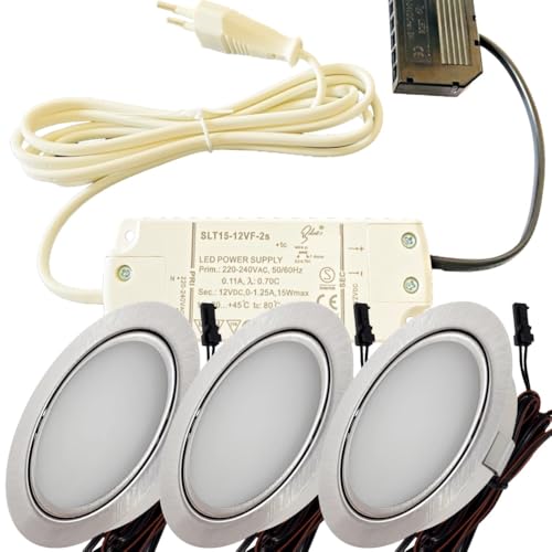 LED Einbaustrahler Möbel 12V 3W – 3er Set mit Trafo, Kabelbaum & Netzstecker – Plug & Play Spots warmweiß 3000K – Ø65 mm, 55–60 mm Einbauloch – flache LED Einbauleuchten für Möbel in Küche & Schrank von Lichtfaktor24