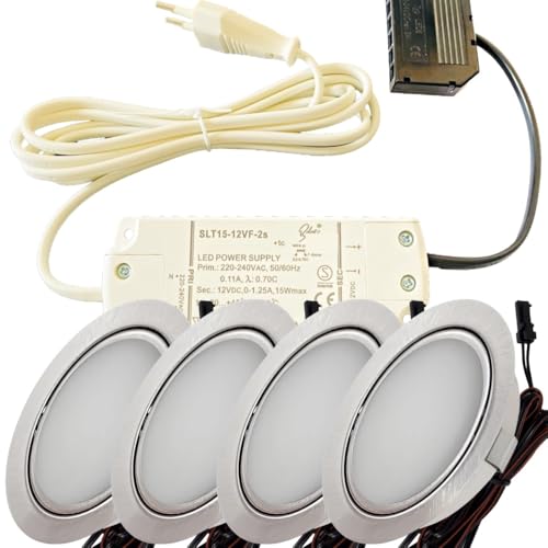LED Einbaustrahler Möbel 12V 3W – 4er Set mit Trafo, Kabelbaum & Netzstecker – Plug & Play Spots warmweiß 3000K – Ø65 mm, 55–60 mm Einbauloch – flache LED Einbauleuchten für Möbel in Küche & Schrank LED Einbaustrahler Möbel 12V 3W – 4er Set mit Trafo, Kabelbaum & Netzstecker – Plug & Play Spots warmweiß 3000K – Ø65 mm, 55–60 mm Einbauloch – flache LED Einbauleuchten für Möbel in Küche & Schrank von Lichtfaktor24