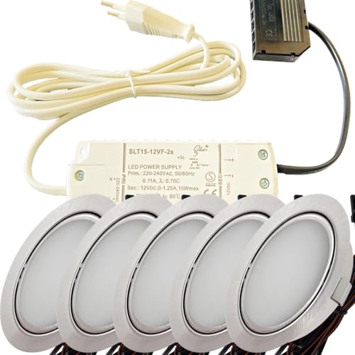 LED Einbaustrahler Möbel 12V 3W – 5er Set mit Trafo, Kabelbaum & Netzstecker – Plug & Play Spots warmweiß 3000K – Ø65 mm, 55–60 mm Einbauloch – flache LED Einbauleuchten für Möbel in Küche & Schrank von Lichtfaktor24