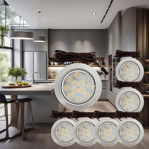 Lichtfaktor24 12V Möbel Einbaustrahler superflache Einbauspots LED flach 7 x 3W Einbauleuchten Leonie inkl. Kabel mit Mini Stecker 3000K Warmweiß Lochausschnitt: 55 bis 60mm von Lichtfaktor24