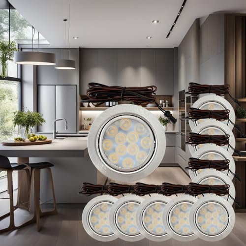 Lichtfaktor24 12V Möbeleinbauleuchten LED flach 10 x 3W Einbaustrahler Leonie mit LED Trafo und Mini Verteiler 3000K Warmweiß Lochausschnitt: 55 bis 60mm von Lichtfaktor24