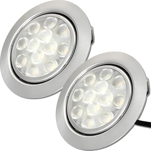 12V LED Einbauspots – superflach (12mm), 2x3W, 3000K Warmweiß, Ø 65mm, Lochausschnitt 55–60mm, inkl. Kabel & Mini-Stecker. Edelstahl gebürstet Optik, ideal für Möbel- & Spiegelbeleuchtung! von Lichtfaktor24