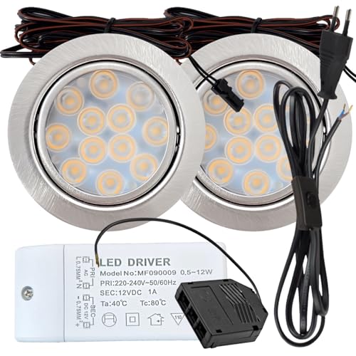 Lichtfaktor24 12V Möbeleinbauleuchten LED flach 2 x 3W Einbaustrahler Lotta 200lm mit LED Trafo und 230V Zuleitung 3000K Warmweiß Lochausschnitt: 55 bis 60mm von Lichtfaktor24