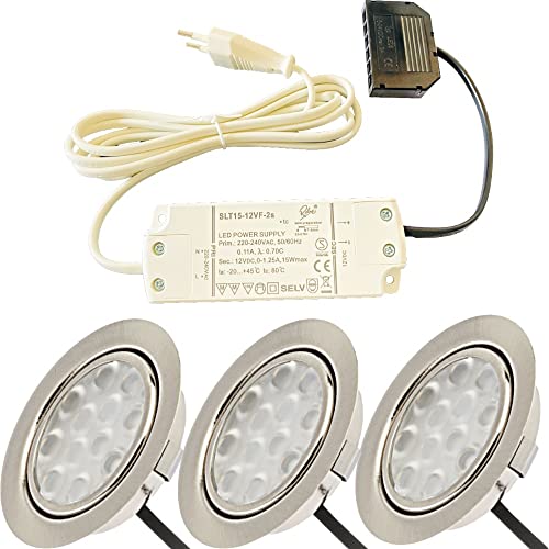 Lichtfaktor24 12V Möbeleinbauleuchten LED flach 3 x 3W Einbaustrahler Lotta 200lm mit LED Trafo und Mini Verteiler 3000K Warmweiß Lochausschnitt: 55 bis 60mm von Lichtfaktor24