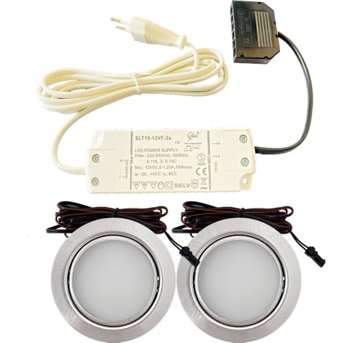 Lichtfaktor24 2er Set LED Möbel Einbauleuchten Edelstahl Gebürstet superflach 3W warmweiß 3000K 180lm 12V mit 15W LED Trafo 230V Zuleitung. LED Spots für das Wohnzimmer, Küche oder Bad. Lichtfaktor24 2er Set LED Möbel Einbauleuchten Edelstahl Gebürstet superflach 3W warmweiß 3000K 180lm 12V mit 15W LED Trafo 230V Zuleitung. LED Spots für das Wohnzimmer, Küche oder Bad. von Lichtfaktor24