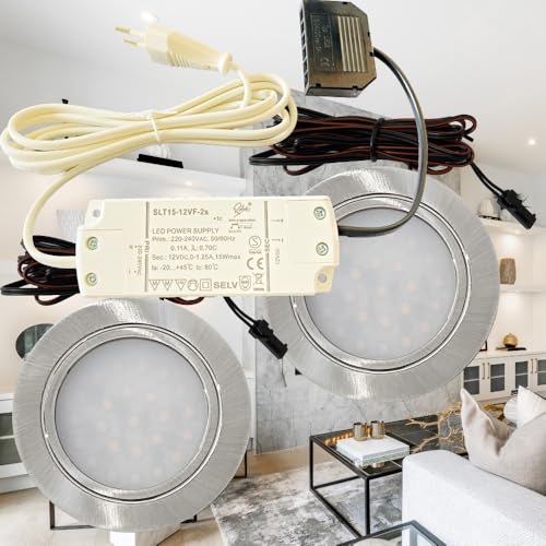 Lichtfaktor24 2er Set LED Möbel Einbaustrahler 12V ultra flach 2.4W Einbauleuchten Mila 160lm mit LED Trafo und 230V Zuleitung 3000K Warmweiß Lochausschnitt: 58 bis 60mm Silber Plug and Play Spots Lichtfaktor24 2er Set LED Möbel Einbaustrahler 12V ultra flach 2.4W Einbauleuchten Mila 160lm mit LED Trafo und 230V Zuleitung 3000K Warmweiß Lochausschnitt: 58 bis 60mm Silber Plug and Play Spots von Lichtfaktor24