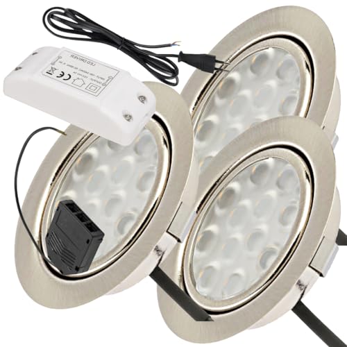 Lichtfaktor24 3 x 3W LED Möbeleinbauspots 12V super flach 65mm Einbauleuchten Leonie mit LED Trafo und 230V Zuleitung 3000K Warmweiß Lochausschnitt: 55 bis 60mm von Lichtfaktor24
