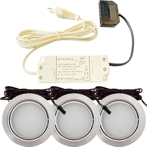 Lichtfaktor24 3er Set LED Möbel Einbauleuchten Edelstahl Gebürstet superflach 3W warmweiß 3000K 180lm 12V mit 15W LED Trafo 230V Zuleitung. LED Spots für das Wohnzimmer, Küche oder Bad. von Lichtfaktor24