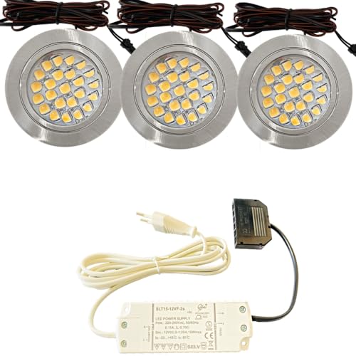 Lichtfaktor24 3er Set LED Möbel Einbaustrahler 12V ultra flach 2.4W Einbauleuchten Mira 190lm mit LED Trafo und 230V Zuleitung 4000k Neutralweiß Lochausschnitt: 58 bis 60mm Silber Plug and Play Spots von Lichtfaktor24