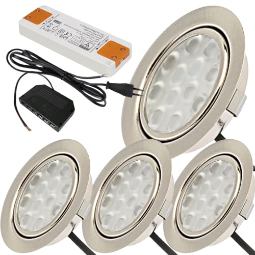 Lichtfaktor24 4 x 3W LED Möbeleinbauleuchten 12V super flach 65mm Einbaustrahler Leonie mit LED Trafo, 230V Zuleitung 3000K Warmweiß Lochausschnitt: 55 bis 60mm von Lichtfaktor24