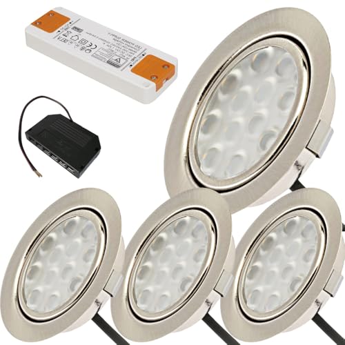 Lichtfaktor24 4 x 3W LED Möbeleinbauspots 12V super flach 65mm Einbauleuchten Leonie mit LED Trafo und Mini Verteiler 3000K Warmweiß Lochausschnitt: 55 bis 60mm von Lichtfaktor24