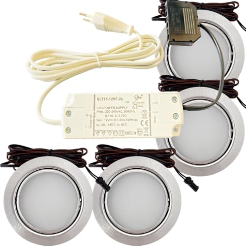 Lichtfaktor24 4er Set Möbel Einbauleuchten Edelstahl Gebürstet Superflach 3W Warmweiß 3000K 180lm 12V Mit 15W LED Trafo 230V Zuleitung. Spots für Wohnzimmer, Küche oder Bad von Lichtfaktor24