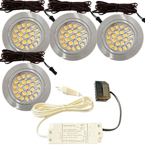 Lichtfaktor24 4er Set LED Möbel Einbaustrahler 12V ultra flach 2.4W Einbauleuchten Mira 190lm mit LED Trafo und 230V Zuleitung 4000k Neutralweiß Lochausschnitt: 58 bis 60mm Silber Plug and Play Spots von Lichtfaktor24