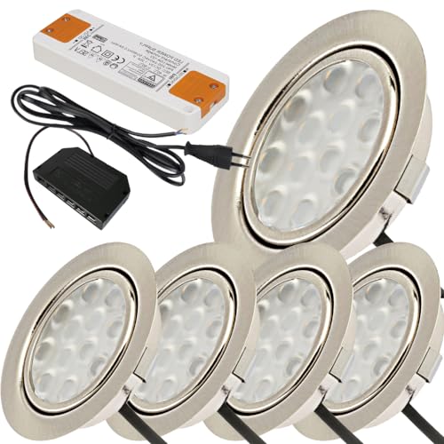 Lichtfaktor24 5 x 3W LED Möbeleinbauleuchten 12V super flach 65mm Einbaustrahler Leonie mit LED Trafo und 230V Zuleitung 3000K Warmweiß Lochausschnitt: 55 bis 60mm von Lichtfaktor24