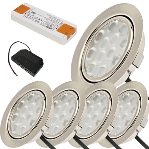 Lichtfaktor24 5 x 3W LED Möbeleinbauspot 12V super flach 65mm Einbauleuchte Leonie mit LED Trafo und Mini Verteiler 3000K Warmweiß Lochausschnitt: 55 bis 60mm von Lichtfaktor24