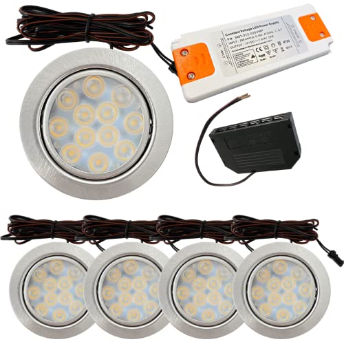 Lichtfaktor24 5 x 3W LED Möbeleinbaustrahler 12V super flach 65mm Einbauleuchten Lotta 200lm mit LED Trafo, Mini Verteiler und LED Dimmer Lochausschnitt: 55 bis 60mm von Lichtfaktor24