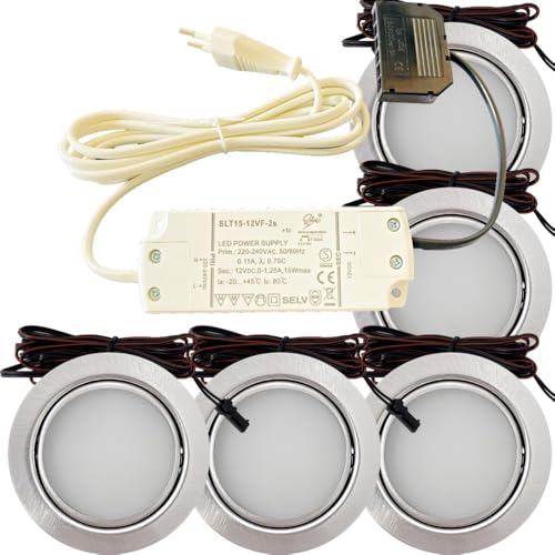 Lichtfaktor24 5er Set LED Möbel Einbauleuchten Edelstahl Gebürstet superflach 3W warmweiß 3000K 180lm 12V mit 15W LED Trafo 230V Zuleitung. LED Spots für das Wohnzimmer, Küche oder Bad. von Lichtfaktor24