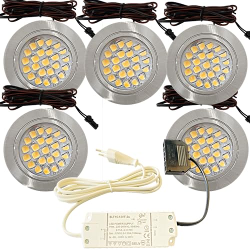 Lichtfaktor24 5er Set LED Möbel Einbaustrahler 12V ultra flach 2.4W Einbauleuchten Mira 190lm mit LED Trafo und 230V Zuleitung 4000k Neutralweiß Lochausschnitt: 58 bis 60mm Silber Plug and Play Spots Lichtfaktor24 5er Set LED Möbel Einbaustrahler 12V ultra flach 2.4W Einbauleuchten Mira 190lm mit LED Trafo und 230V Zuleitung 4000k Neutralweiß Lochausschnitt: 58 bis 60mm Silber Plug and Play Spots von Lichtfaktor24
