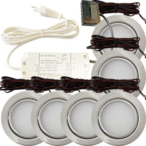 Lichtfaktor24 6er Set LED Möbel Einbauleuchten Edelstahl Gebürstet superflach 3W warmweiß 3000K 180lm 12V mit 15W LED Trafo 230V Zuleitung. LED Spots für das Wohnzimmer, Küche oder Bad. von Lichtfaktor24