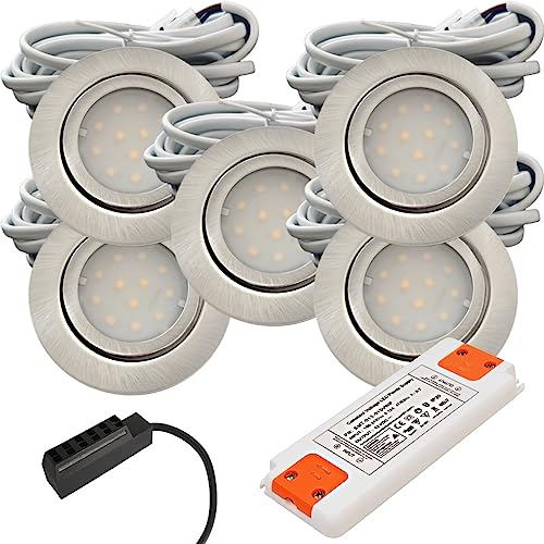 Lichtfaktor24 IP44 LED Möbeleinbauleuchte 12V flach 5 x 2,4W Möbelspot New Lina 200lm Edelstahl geb. inkl. LED Trafo und AMP Verteiler 3000K Warmweiß Lochausschnitt: 55 bis 60mm von Lichtfaktor24