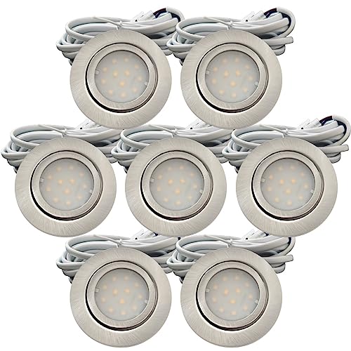 Lichtfaktor24 IP44 LED Möbeleinbauleuchte 12V flach 7 x 2,4W Möbelstrahler New Lina 200lm Edelstahl geb. inkl. Kabel mit AMP Stecker 3000K Warmweiß Lochausschnitt: 55 bis 60mm von Lichtfaktor24
