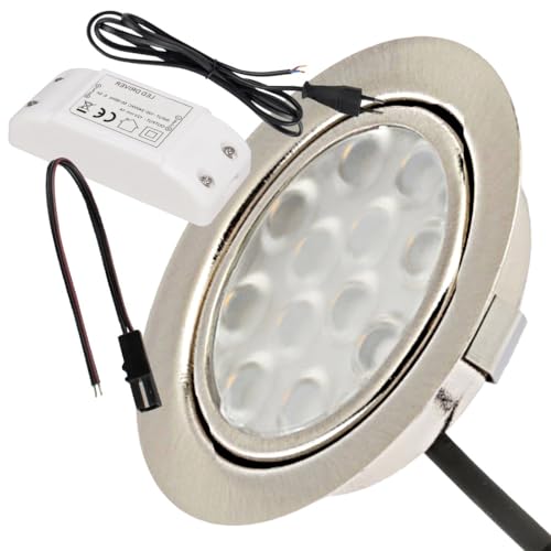 Lichtfaktor24 LED Möbeleinbauleuchte 12V flach 1 x 3W Einbaustrahler Leonie mit LED Trafo, Verteiler, 230V Zuleitung und LED Dimmer Lochausschnitt: 55 bis 60mm von Lichtfaktor24