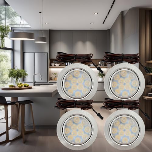 Lichtfaktor24 LED Möbeleinbauleuchten 12V flach 4 x 3W Einbaustrahler Lotta 200lm mit LED Trafo und 230V Zuleitung 3000K Warmweiß Lochausschnitt: 55 bis 60mm von Lichtfaktor24