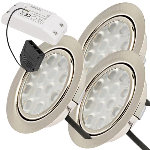 Lichtfaktor24 LED Möbeleinbauspots 12V flach 3 x 3W Einbauleuchten Lotta 200lm mit LED Trafo und Mini Verteiler 3000K Warmweiß Lochausschnitt: 55 bis 60mm von Lichtfaktor24