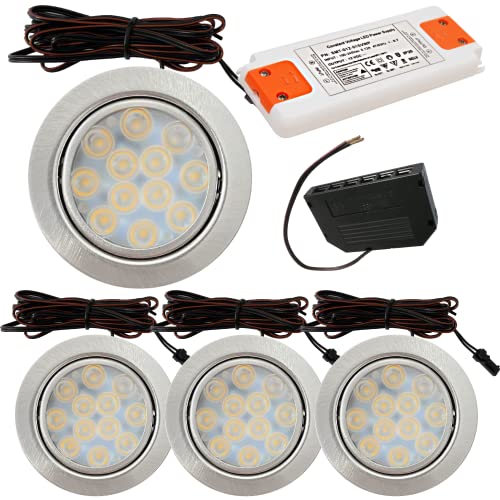 Lichtfaktor24 LED Möbeleinbaustrahler 12V flach 4 x 3W Einbauleuchten Lotta 200lm mit LED Trafo, Mini Verteiler und LED Dimmer Lochausschnitt: 55 bis 60mm von Lichtfaktor24