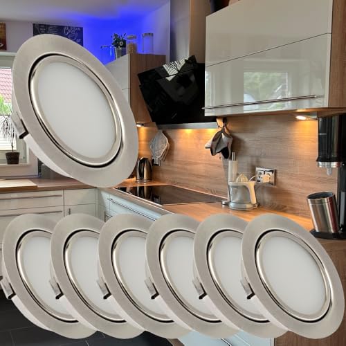 Lichtfaktor24 LED Möbeleinbaustrahler 12V ultra flach 7 x 3W Einbauleuchten Emilia 180lm mit Kabel, Mini Stecker und Verteiler 3000K Warmweiß Lochausschnitt: 55 bis 60mm von Lichtfaktor24