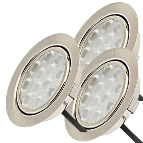 Lichtfaktor24 Möbeleinbauleuchten 65mm LED 12V super flach 3 x 3W Einbaustrahler Leonie inkl. Kabel mit Mini Stecker 3000K Warmweiß Lochausschnitt: 55 bis 60mm von Lichtfaktor24