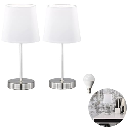 2er Set LED Nachttischlampe modern LED Tischlampe Tischleuchte Stoffschirm Schlafzimmer, Fensterbank, Wohnzimmer, Arbeitszimmer, Beistelltisch incl. 3W LED (cesena weiß) von Lichthandel Hoch