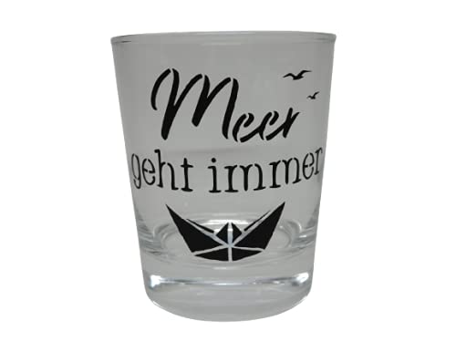 Lichtidee Maritim Teelicht Glas Windlicht Tischlicht Print mit Meer geht Immer maritim Handmade Unikat Ostern Muttertaggeschenk, Höhe 8cm, von Lichtidee