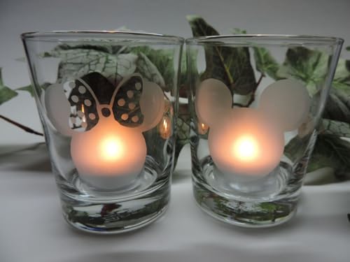 Lichtidee Set Teelicht Glas Windlicht Tischlicht graviert mit Mickey und Minnie Maus Kopf Handmade Unikat Ostern Muttertaggeschenk, Höhe 8cm, von Lichtidee