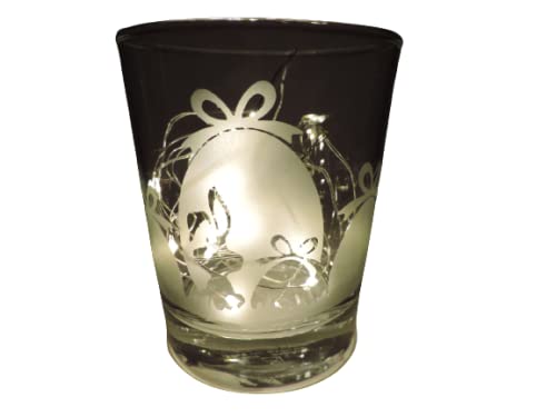 Lichtidee Teelicht Glas Windlicht Glas Trink Glas geätzt, Tischlicht Motiv Hase mit 4 Ei , Maritim, Natur, Handmade Unikat Liebe Ostern Muttertaggeschenk, Höhe 8cm, von Lichtidee