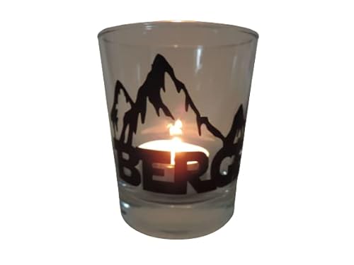 Lichtidee Teelicht Glas Windlicht Tischlicht Print mit Berge 2.0" schwarz Handmade Unikat Ostern Muttertaggeschenk, Höhe 8cm, von Lichtidee