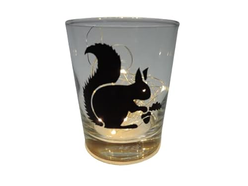 Lichtidee Teelicht Glas Windlicht Tischlicht Print mit Eichhörnchen schwarz Handmade Unikat Ostern Muttertaggeschenk, Höhe 8cm, von Lichtidee