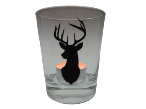 Lichtidee Teelicht Glas Windlicht Tischlicht Print mit Hirsch schwarz Handmade Unikat Ostern Muttertaggeschenk, Höhe 8cm, von Lichtidee